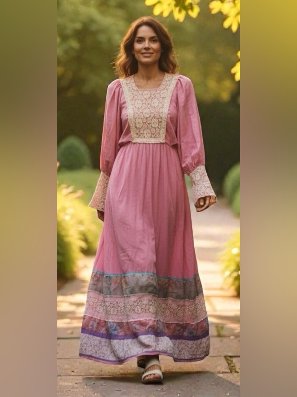 Vintage Pink Maxi Dress Young Innocent Arpeja Prairie Lace Gauze beautiful